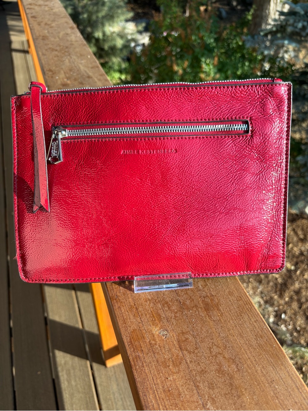 Aimee Kestenberg Red patent Leather clutch Sleeve with zipper pull